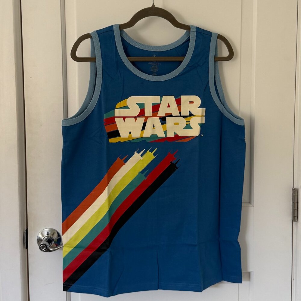 NWT Disney Parks Star Wars Retro Rainbow Graphic Blue Ringer Tank Top Adult SZ M